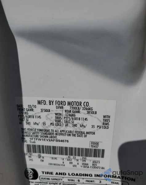 2010 Ford F150 Supercrew z USA, uszkodzony, nr VIN 1FTFW1EV2AFB94676